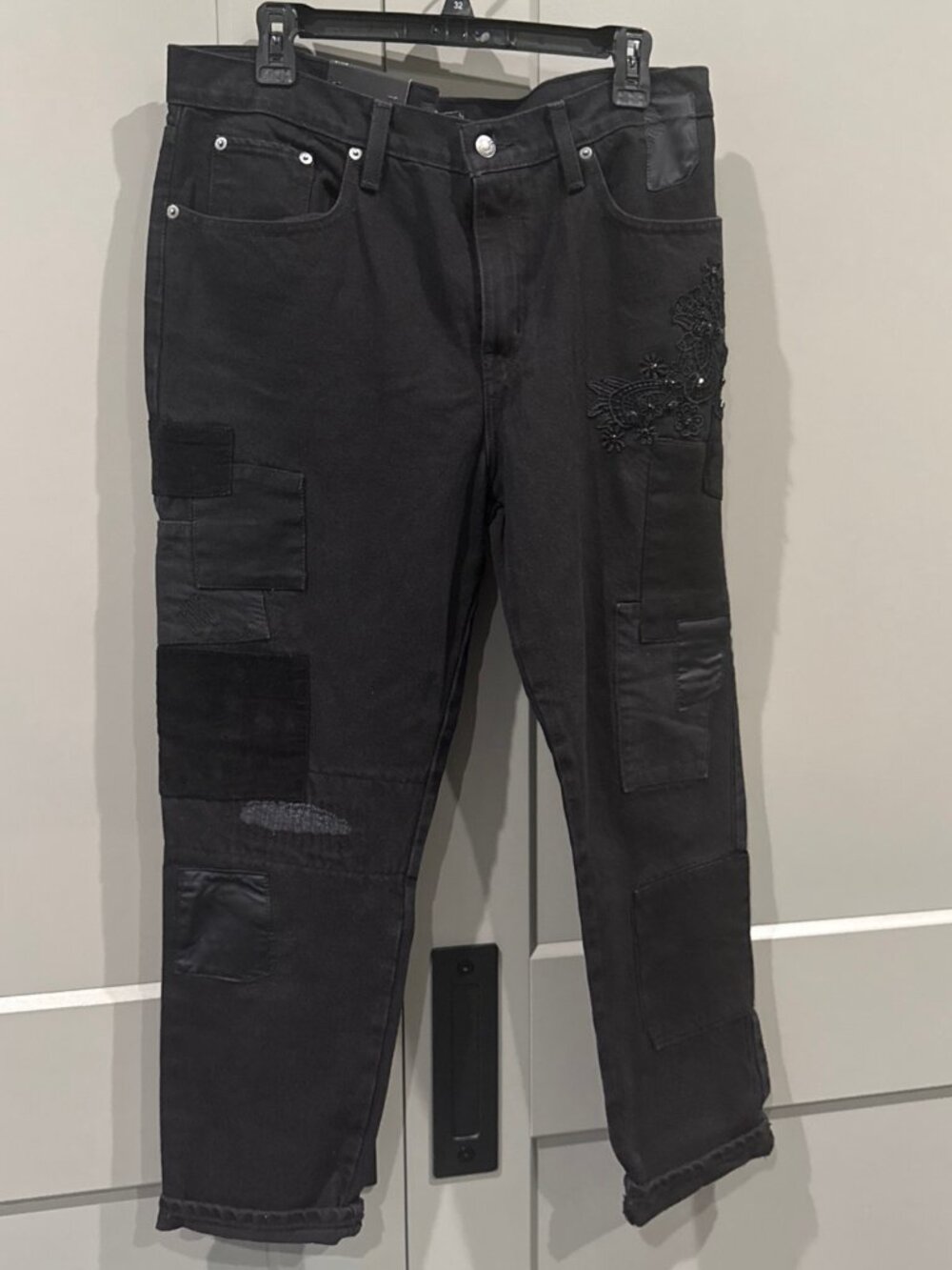 Ralph Lauren Jeans Womens 12 Black Relaxed Taper Patch Embellished Stretch Pants